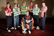 27 February 2009; Eoin Heary, centre, captain of Bohemians, with players from left to right, Gavin Peers, Sligo Rovers, Shane Robinson, Shamrock Rovers, Thomas Heary, Dundalk, Dan Murray, Cork City, Jamie Harris, St.Patrick's Athletic, Stephen Brennan, Bray Wanderers and Kevin Deery, Derry City,  at the launch of the 2009 League of Ireland season. Maldron Hotel, Tallaght, Co. Dublin. Picture credit: David Maher / SPORTSFILE