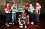 27 February 2009; Eoin Heary, centre, captain of Bohemians, with players from left to right, Gavin Peers, Sligo Rovers, Shane Robinson, Shamrock Rovers, Thomas Heary, Dundalk, Dan Murray, Cork City, Jamie Harris, St.Patrick's Athletic, Stephen Brennan, Bray Wanderers and Kevin Deery, Derry City,  at the launch of the 2009 League of Ireland season. Maldron Hotel, Tallaght, Co. Dublin. Picture credit: David Maher / SPORTSFILE