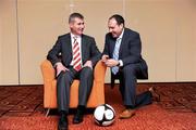 27 February 2009; Derry City manager Stephen Kenny, left, with Dundalk manager Sean Connors, at the launch of the 2009 League of Ireland season. Maldron Hotel, Tallaght, Co. Dublin. Picture credit: David Maher / SPORTSFILE
