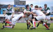27 February 2009; Barry O'Mahony, Ireland Club XV, is tackled by Rob Baldwin, left, and Rupert Harden, England Counties. Club International, Ireland Club XV v England Counties, Donnybrook Stadium, Donnybrook, Dublin. Picture credit: Brendan Moran / SPORTSFILE *** Local Caption ***