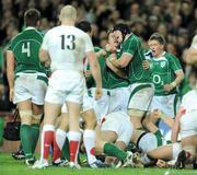 28 February 2009; Brian O'Driscoll, Ireland, celebrates after scoring his side's first try with team-mate Stephen Ferris. RBS Six Nations Rugby Championship, Ireland v England, Croke Park, Dublin. Picture credit: Pat Murphy / SPORTSFILE