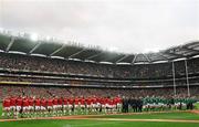 28 February 2009; The England and Ireland teams line up for the National Anthems before the game. RBS Six Nations Rugby Championship, Ireland v England, Croke Park, Dublin. Picture credit: Brendan Moran / SPORTSFILE