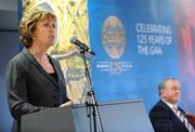 26 February 2009; President Mary McAleese, in the company of GAA President Nickey Brennan, speaking at the launch of the GAA Social Initiative Programme. The programme is a community project engaging older men who may, for one reason or another, participate little in local community life. It will help them to develop contact, friendships and support by inviting them to events in the local GAA club. Croke Park, Dublin. Picture credit: Brendan Moran / SPORTSFILE