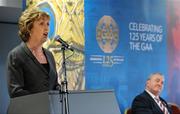 26 February 2009; President Mary McAleese, in the company of GAA President Nickey Brennan, speaking at the launch of the GAA Social Initiative Programme. The programme is a community project engaging older men who may, for one reason or another, participate little in local community life. It will help them to develop contact, friendships and support by inviting them to events in the local GAA club. Croke Park, Dublin. Picture credit: Brendan Moran / SPORTSFILE
