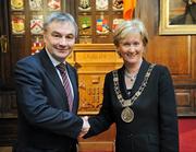 27 February 2009; The Lord Mayor of Dublin, Cllr. Eibhlin Byrne greets UEFA General Secretary David Taylor at the viewing of a model of the new Aviva Stadium, which will host the 2011 UEFA Europa League Final. The Mansion House, Dublin. Picture credit: Ray McManus / SPORTSFILE  *** Local Caption ***