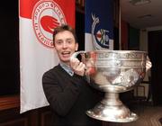 28 February 2009; Irish Snooker star Ken Doherty with the Sam Maguire at the Ulster Council GAA convention. Ulster Council GAA convention, Dorrians Imperial Hotel, Ballyshannon, Co. Donegal. Picture credit: Oliver McVeigh / SPORTSFILE  *** Local Caption ***