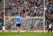 30 August 2015; Dublin supporters cheer as Diarmuid Connolly celebrates after scoring his side's first goal from a penalty. GAA Football All-Ireland Senior Championship, Semi-Final, Dublin v Mayo, Croke Park, Dublin. Picture credit: Brendan Moran / SPORTSFILE