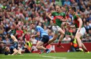 30 August 2015; Dublin goalkeeper Stephen Cluxton and team-mate Jack McCaffrey look on as the shot from Andy Moran, Mayo, 2nd from right, is saved on the line by John Small, Dublin. GAA Football All-Ireland Senior Championship, Semi-Final, Dublin v Mayo, Croke Park, Dublin. Photo by Sportsfile