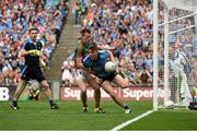 30 August 2015; John Small, Dublin, runs out from goal under the challange from Cillian O'Connor, Mayo, after saving a goal on the line. GAA Football All-Ireland Senior Championship, Semi-Final, Dublin v Mayo, Croke Park, Dublin. Picture credit: David Maher / SPORTSFILE