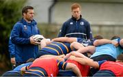 31 August 2015; Leinster forwards coach John Fogarty and second row Tom Denton look on during squad training. Leinster Rugby Squad Training. Rosemount, UCD, Dublin. Picture credit: Brendan Moran / SPORTSFILE