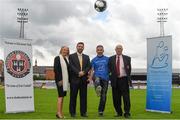 31 August 2015; Bohemian Football Club will celebrate its 125th year with an exhibition match in Dalymount Park on Sunday, 6th September, with all proceeds going to suicide and self-harm charity Pieta House. Pictured in advance of the Bohemian Legends v FAI International Masters charity match are, from left, Cindy O'Connor, Director of Clinical Services Pieta House, Brian Higgins, CEO Pieta House, former Bohemians player Tony O'Connor, who will play for Bohemian Legends and Bohemian FC's Honorary Life President Tony O'Connell, who will manager the Bohemian Legends. Dalymount Park, Dublin. Photo by Sportsfile