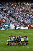 30 August 2015; Dublin team huddle ahead of the game. GAA Football All-Ireland Senior Championship, Semi-Final, Dublin v Mayo, Croke Park, Dublin. Picture credit: Ramsey Cardy / SPORTSFILE