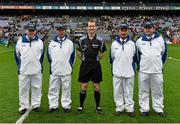 23 August 2015; Referee Jerome Henry with his officials, from left, Tom Ryder, John Heneghan, Philip Heneghan and Pádraig Forde, ahead of the game. Electric Ireland GAA Football All-Ireland Minor Championship, Semi-Final, Derry v Kerry. Croke Park, Dublin. Picture credit: Ramsey Cardy / SPORTSFILE