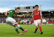31 August 2015; Karl Sheppard, Cork City, in action against Lee Desmond, St Patrick's Athletic. SSE Airtricity League Premier Division, Cork City v St Patrick's Athletic, Turner's Cross, Cork. Picture credit: Diarmuid Greene / SPORTSFILE