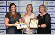 1 June 2016; Cora Staunton, Mayo, centre, receives her Division 1 Lidl Ladies Team of the League Award from Aoife Clarke, head of communications, Lidl Ireland, left, and Marie Hickey, President of Ladies Gaelic Football, right, at the Lidl Ladies Teams of the League Award Night. The Lidl Teams of the League were presented at Croke Park with 60 players recognised for their performances throughout the 2016 Lidl National Football League Campaign. The 4 teams were selected by opposition managers who selected the best players in their position with the players receiving the most votes being selected in their position. Croke Park, Dublin. Photo by Cody Glenn/Sportsfile