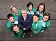 3 March 2009; Members of the Irish squad with team manager Patsy McGonigle, clockwise from front left, Niamh Whelan, 60m, Zoe Brown, Pole Vault, Deirdre Byrne, 3000m, Bronagh Furlong, 400m and 4x400m relay, Gemma Hynes, 4x400m relay, Claire Bergin, 4x400m relay and Jessica Zebo, 4x400m relay, during the AAI Press Conference ahead of the European Indoor Athletics Championships. Morrison Hotel, Ormond Quay, Dublin. Picture credit: Brendan Moran / SPORTSFILE