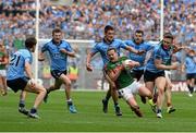 30 August 2015; Andy Moran, Mayo, in action against  Dublin players from left, Michael Fitzsmions, Jack McCaffrey, Eric Lowndes, Kevin McManamon and John Small. GAA Football All-Ireland Senior Championship, Semi-Final, Dublin v Mayo, Croke Park, Dublin. Picture credit: David Maher / SPORTSFILE