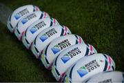1 September 2015; Rugby World Cup rugby balls lie in wait before Ireland squad training. Ireland Rugby Squad Training, Carton House, Maynooth, Co Kildare. Picture credit: Brendan Moran / SPORTSFILE