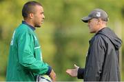 1 September 2015; Ireland head coach Joe Schmidt, right, talks to Simon Zebo during squad training. Ireland Rugby Squad Training, Carton House, Maynooth, Co. Kildare. Picture credit: Seb Daly / SPORTSFILE