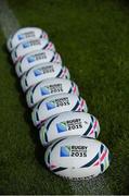 1 September 2015; Rugby World Cup rugby balls lie in wait before Ireland squad training. Ireland Rugby Squad Training, Carton House, Maynooth, Co Kildare. Picture credit: Brendan Moran / SPORTSFILE