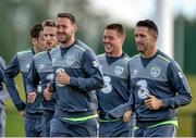 1 September 2015; Republic of Ireland players Aiden McGeady, Eunan O'Kane and Robbie Keane in action during squad training. Republic of Ireland Squad Training, Abbotstown, Co. Dublin. Picture credit: David Maher / SPORTSFILE
