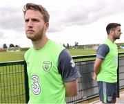 1 September 2015; Eunan O'Kane, left, and Robbie Brady, Republic of Ireland, during a pitchside press conference. Republic of Ireland Press Conference, Abbotstown, Co. Dublin. Picture credit: David Maher / SPORTSFILE