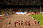 23 August 2015; Usain Bolt of Jamaica, centre, wins the Men's 100m final ahead of (L-R) Andre De Grasse of Canada, Asafa Powell of Jamaica, Justin Gatlin of the United States, Tyson Gay of the United States, Mike Rodgers of the United States, Trayvon Bromell of the United States and Bingtian Su of China. IAAF World Athletics Championships Beijing 2015 - Day 2, National Stadium, Beijing, China. Picture credit: Stephen McCarthy / SPORTSFILE