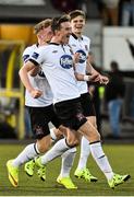 1 September 2015; Ronan Finn, centre, Dundalk, celebrates after scoring his side's first goal with team-mate John Mountney. SSE Airtricity League Premier Division, Dundalk v Shamrock Rovers, Oriel Park, Dundalk, Co. Louth. Picture credit: David Maher / SPORTSFILE