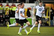 1 September 2015; Ronan Finn, centre, Dundalk, celebrates after scoring his side's first goal with team-mate John Mountney. SSE Airtricity League Premier Division, Dundalk v Shamrock Rovers, Oriel Park, Dundalk, Co. Louth. Picture credit: David Maher / SPORTSFILE