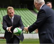 2 August 2015; Taoiseach Enda Kenny TD passes the rugby ball to Michael Ring TD, Minister of State at the Department of Transport, Tourism and Sport. Rugby World Cup 2023 Oversight Board Meeting.Aviva Stadium, Lansdowne Road, Dublin. Picture credit: Cody Glenn / SPORTSFILE