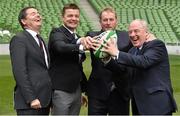 2 August 2015; Paschal Donohoe TD, left, Minister for Transport, Tourism and Sport representing Dublin Central, with left to right, Irish Rugby legend and IRFU Bid Ambassador Brian O'Driscoll, An Taoiseach Enda Kenny TD, and Michael Ring, Minister of State at the Department of Transport, Tourism and Sport, share a laugh. Rugby World Cup 2023 Oversight Board Meeting. Aviva Stadium, Lansdowne Road, Dublin. Picture credit: Cody Glenn / SPORTSFILE