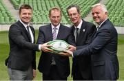 2 August 2015; Brian O'Driscoll, left, Irish Rugby legend and IRFU Bid Ambassador, with from left, An Taoiseach Enda Kenny TD, Dick Spring, Chairman of the Oversight Board, and Jonathan Bell TD, Minister of Enterprise, Trade and Investment for Northern Ireland. Rugby World Cup 2023 Oversight Board Meeting.Aviva Stadium, Lansdowne Road, Dublin. Picture credit: Cody Glenn / SPORTSFILE