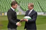 2 August 2015; Irish Rugby legend and IRFU Bid Ambassador Brian O'Driscoll discusses the Rugby World Cup 2023 with An Taoiseach Enda Kenny TD. Rugby World Cup 2023 Oversight Board Meeting.Aviva Stadium, Lansdowne Road, Dublin. Picture credit: Cody Glenn / SPORTSFILE