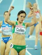 8 March 2009; Ireland's Mary Cullen celebrates after finishing 3rd in the Women's 3000m Final in a time of 8:48.47. European Indoor Athletics Championships, Oval Lingotto, Torino, Italy. Picture credit: Brendan Moran / SPORTSFILE