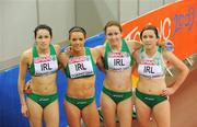 8 March 2009; Ireland's Women's 4x400m team, from left, Bronagh Furlong, Amrian Andrews, Gemma Hynes and Claire Bergin after they finished 4th in the Women's 4x400m Final in a time of 3:36.82. European Indoor Athletics Championships, Oval Lingotto, Torino, Italy. Picture credit: Brendan Moran / SPORTSFILE