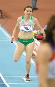 8 March 2009; Ireland's Claire Bergin crosses the finish line after running the final leg of the Women's 4x400m Final, where Ireland finished in 4th place in a time of 3:36.82. European Indoor Athletics Championships, Oval Lingotto, Torino, Italy. Picture credit: Brendan Moran / SPORTSFILE