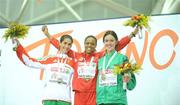 8 March 2009; Ireland's Mary Cullen on the podium with gold medallist Almitu Bekele Degfa of Turkey, centre, and silver medallist Sara Moreira of Portugal, after receiving her bronze medal for finishing 3rd in the Women's 3000m Final. European Indoor Athletics Championships, Oval Lingotto, Torino, Italy. Picture credit: Brendan Moran / SPORTSFILE
