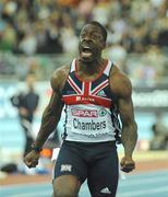 8 March 2009; Dwain Chambers of Great Britain celebrates winning the Men's 60m Final in a time of 6.46 sec. European Indoor Athletics Championships, Oval Lingotto, Torino, Italy. Picture credit: Brendan Moran / SPORTSFILE