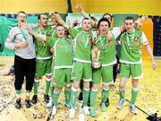 8 March 2009; The Cork City team celebrate their victory over St. Patrick's Athletic. Futsal League of Ireland Final, St. Patrick's Athletic v Cork City. National Basketball Arena, Dublin. Picture credit: Stephen McCarthy / SPORTSFILE