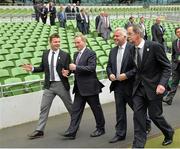 2 August 2015; Brian O'Driscoll, Irish Rugby legend and IRFU Bid Ambassador, leads from left, An Taoiseach Enda Kenny TD, Jonathan Bell TD, Minister of Enterprise, Trade and Investment for Northern Ireland, and Dick Spring, Chairman of the Rugby World Cup 2023 Oversight Board, onto the pitch. Rugby World Cup 2023 Oversight Board Meeting. Aviva Stadium, Lansdowne Road, Dublin. Picture credit: Cody Glenn / SPORTSFILE