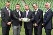 2 August 2015; Philip Browne, left, IRFU Chief Executive,  with from left, Brian O'Driscoll, Irish Rugby legend and IRFU Bid Ambassador, An Taoiseach Enda Kenny TD, Dick Spring, Chairman of the Rugby World Cup 2023 Oversight Board, and Jonathan Bell TD, Minister of Enterprise, Trade and Investment for Northern Ireland. Rugby World Cup 2023 Oversight Board Meeting. Aviva Stadium, Lansdowne Road, Dublin. Picture credit: Cody Glenn / SPORTSFILE
