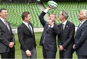 2 August 2015; An Taoiseach Enda Kenny TD, centre, jokes about with, from left, Philip Browne, IRFU Chief Executive, Brian O'Driscoll, Irish Rugby legend and IRFU Bid Ambassador, Dick Spring, Chairman of the Rugby World Cup 2023 Oversight Board, and Jonathan Bell TD, Minister of Enterprise, Trade and Investment for Northern Ireland. Rugby World Cup 2023 Oversight Board Meeting. Aviva Stadium, Lansdowne Road, Dublin. Picture credit: Cody Glenn / SPORTSFILE