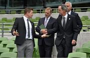 2 August 2015; Brian O'Driscoll, left, Irish Rugby legend and IRFU Bid Ambassador, walks to the pitch with An Taoiseach Enda Kenny TD, centre, Dick Spring, Chairman of the Rugby World Cup 2023 Oversight Board Meeting, and Jonathan Bell TD, right, Minister of Enterprise, Trade and Investment for Northern Ireland. Rugby World Cup 2023 Oversight Board Meeting. Aviva Stadium, Lansdowne Road, Dublin. Picture credit: Cody Glenn / SPORTSFILE