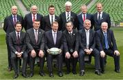 2 August 2015; Members of the Rugby World Cup 2023 Oversight Board, back row, from left to right, Padraig Slattery, Executive Chairman, PSG Communications Group, Shane Logan, CEO, Ulster Rugby, Brian O'Driscoll, Irish rugby legend and Bid Ambassador, Tom Grace, former Irish International and Lion, current Chairman of the Lions Board and Honorary Treasurer IRFU, Páraic Duffy, Director General GAA, and Hugo MacNeill, former Irish rugby international. Front row, from left to right, Paschal Donohoe, Minister for Transport, Tourism and Sport, Dublin Central, Philip Browne, IRFU Chief Executive, Taoiseach Enda Kenny TD, Dick Spring, Chairman of the Oversight Board, Jonathan Bell, Minister of Enterprise, Trade and Investment, Northern Ireland, and Michael Ring TD, Minister of State at the Department of Transport, Tourism and Sport. Rugby World Cup 2023 Oversight Board Meeting. Aviva Stadium, Lansdowne Road, Dublin. Picture credit: Cody Glenn / SPORTSFILE