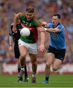 30 August 2015; Aidan O'Shea, Mayo, in action against Philly McMahon, Dublin. GAA Football All-Ireland Senior Championship, Semi-Final, Dublin v Mayo, Croke Park, Dublin. Picture credit: Brendan Moran / SPORTSFILE