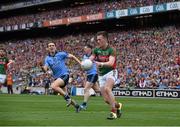 30 August 2015; Cillian O'Connor, Mayo, in action against Michael Fitzsimons, Dublin. GAA Football All-Ireland Senior Championship, Semi-Final, Dublin v Mayo, Croke Park, Dublin. Picture credit: Brendan Moran / SPORTSFILE