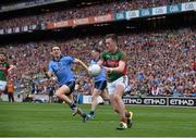 30 August 2015; Cillian O'Connor, Mayo, in action against Michael Fitzsimons, Dublin. GAA Football All-Ireland Senior Championship, Semi-Final, Dublin v Mayo, Croke Park, Dublin. Picture credit: Brendan Moran / SPORTSFILE