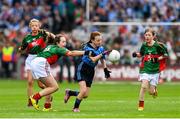 30 August 2015; Ava Kennedy, St. John of God GNS, Artane, Dublin, in action against Katie Penrose, St Cremin’s NS, Multyfarnham, Westmeath, representing Mayo, during the Cumann na mBunscol INTO Respect Exhibition Go Games 2015 at Dublin v Mayo - GAA Football All-Ireland Senior Championship Semi-Final. Croke Park, Dublin. Picture credit: Ramsey Cardy / SPORTSFILE