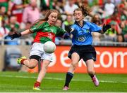 30 August 2015; Sophie Ryan, Scoil Cholmcille, Skryne, Tara, Meath, representing Mayo, in action against Breda Cushen, Kiltealy NS, Enniscorthy, Wexford, representing Dublin, in action during the Cumann na mBunscol INTO Respect Exhibition Go Games 2015 at Dublin v Mayo - GAA Football All-Ireland Senior Championship Semi-Final. Croke Park, Dublin. Picture credit: Ramsey Cardy / SPORTSFILE