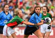 30 August 2015; Katie Kehoe, Horeswood NS, Campile, New Ross, Wexford, representing Dublin, in action against Shona Neary, Ardnagrath NS, Athlone, Westmeath, representing Mayo, in action during the Cumann na mBunscol INTO Respect Exhibition Go Games 2015 at Dublin v Mayo - GAA Football All-Ireland Senior Championship Semi-Final. Croke Park, Dublin. Picture credit: Ramsey Cardy / SPORTSFILE